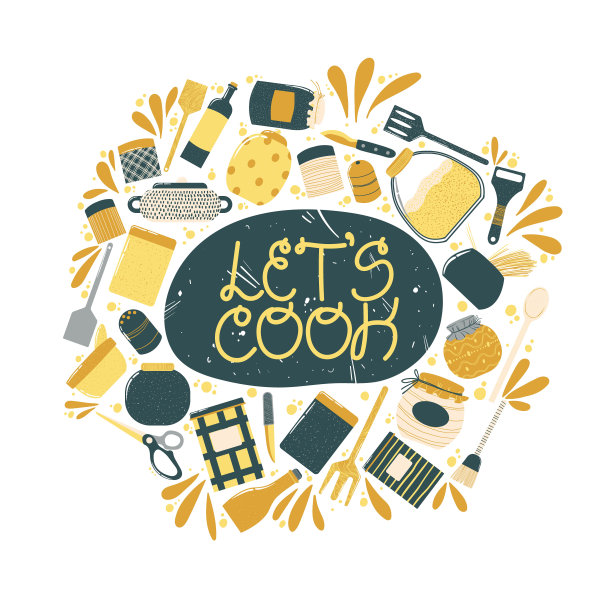 色彩鲜艳的文字口号让烹饪与烹饪元素。关于厨房和烹饪与可爱的手绘装饰元素插图。矢量插图上的白色背景。图片下载