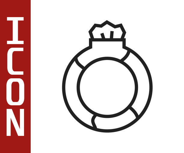 黑色线条幻想魔法石戒指宝石图标孤立在白色背景。向量图片下载