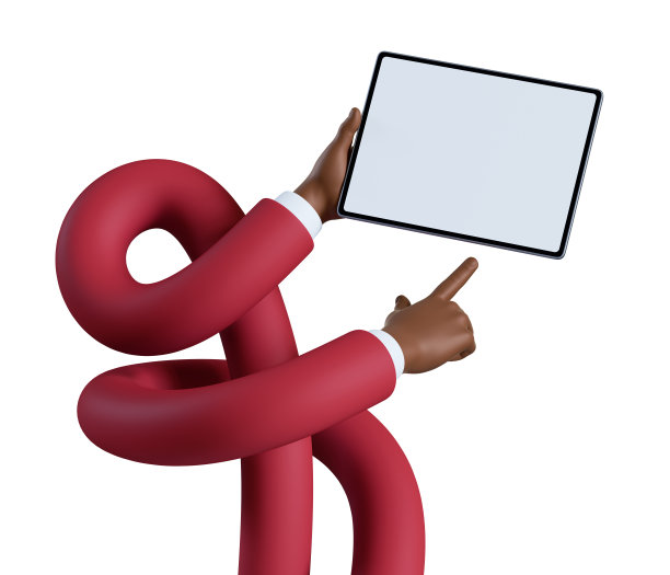 3d渲染，有趣的卡通纠结非洲手握空白图形垫与空白屏幕。商业剪辑艺术孤立的白色背景。触屏技术图片下载