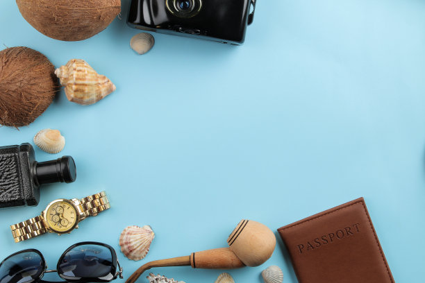 旅行的概念。护照、照相机和亮蓝色背景上的眼镜。前视图。空间的文本图片下载