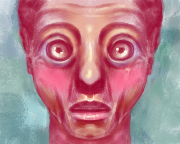 一个穿红色和绿色衣服的男人的艺术肖像。男人的面部表情是惊讶还是生病图片下载