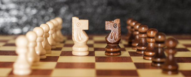 国际象棋的游戏。棋盘上的木雕马。图片下载