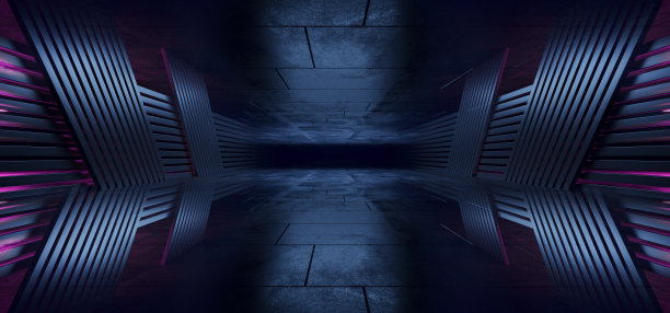 现实外星人科幻未来的混凝土沥青仓库宇宙飞船车库机库停车走廊隧道走廊蓝色红色发光灯背景3D渲染图片下载