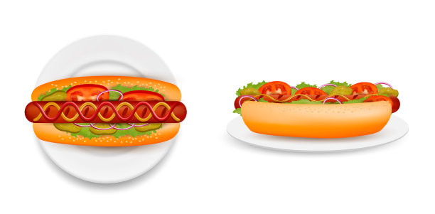 美味的热狗在盘子边和俯视图图片下载