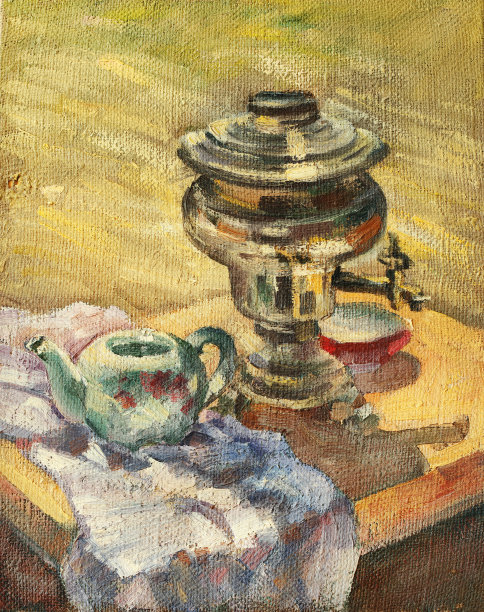 户外田园风格的油画茶炊图片下载