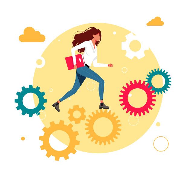 女人跑上事业齿轮机制图片下载