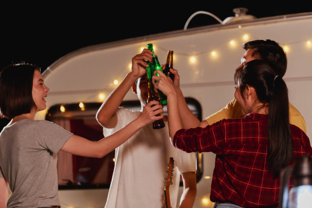 一群年轻多样化的朋友拿着瓶子，喝酒，聊天，享受野餐在公园晚上播放音乐，在露营区由自然的乐趣。图片下载