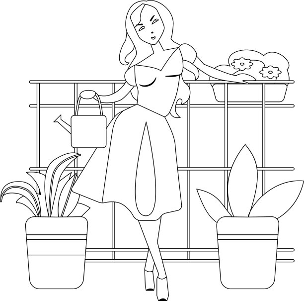 年轻女子与植物站在balkony黑色图片下载