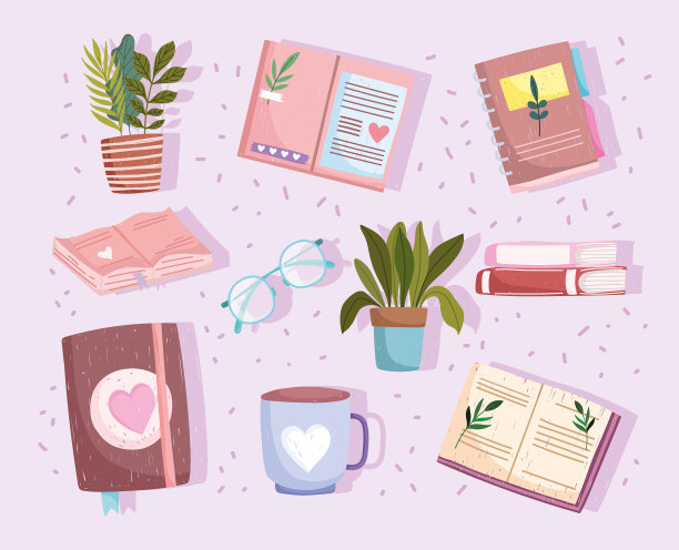 集书籍植物教科书读咖啡杯和图片下载