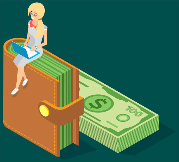 年轻女子拿着笔记本电脑坐在钱包里图片下载