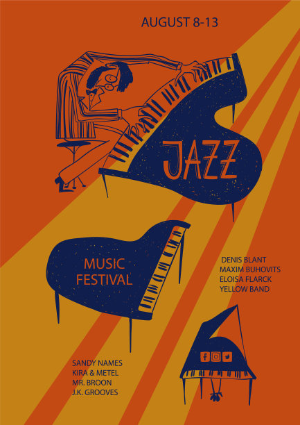 彩色爵士海报与钢琴和钢琴家图片下载