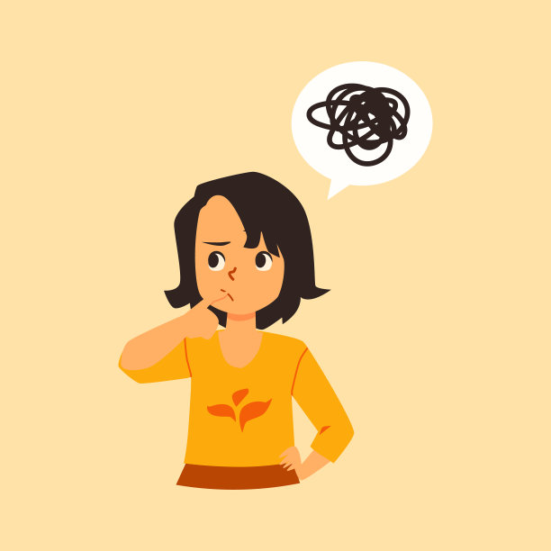 思考的女孩带着凌乱的思绪，平面矢量插图孤立。图片下载