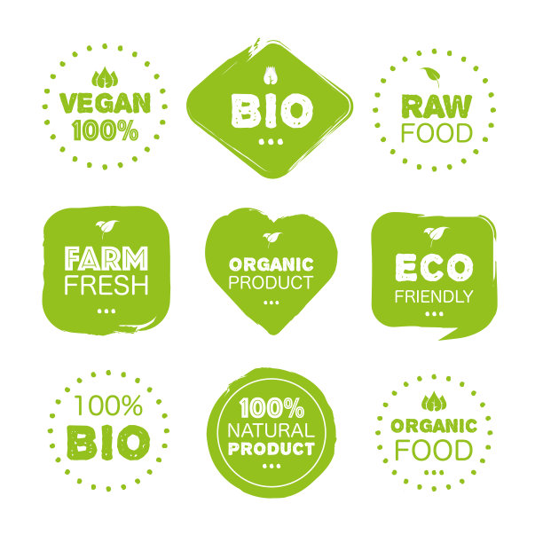 新鲜健康的有机素食食品集标志标签图片下载