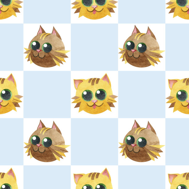 无缝图案与有趣的猫脸。创意的斯堪的纳维亚儿童纹理。在方格背景上的水彩插图。非常适合织物，纺织品，网站，壁纸，包装。图片下载