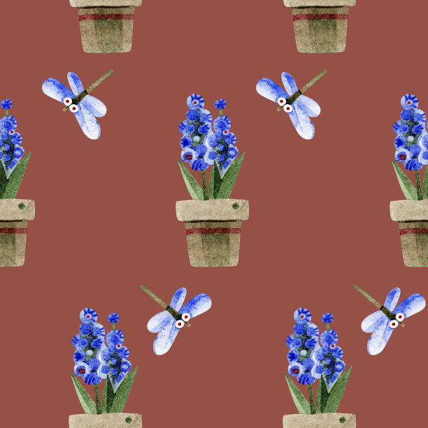 蓝色的盆栽风信子和可爱的蜻蜓的无缝图案。村庄的场景。在赤陶土背景上手绘水彩插图。壁纸，包装纸，封面，纺织品的设计。图片下载