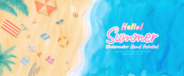 在海滩上俯视图海浪海浪与冲浪板，雨伞，球，游泳环，太阳镜，帽子，凉鞋，海星在夏季假期热带旅游旅行旅行。水彩手绘图片下载