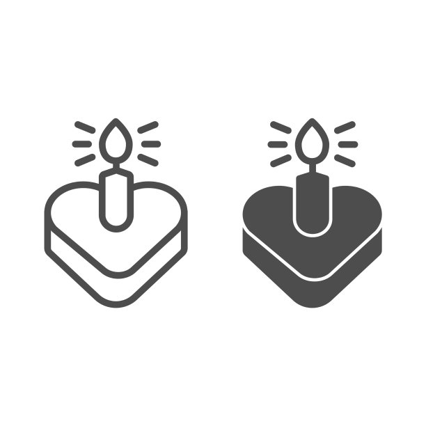 心形蛋糕与燃烧的蜡烛线和固体图标图片下载