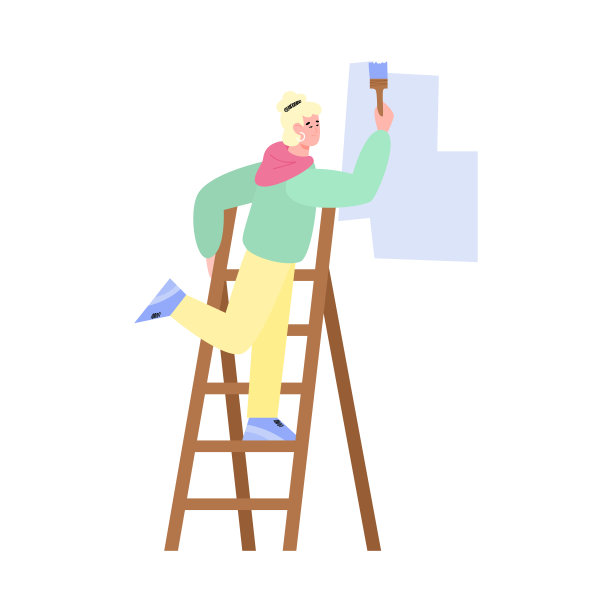 工匠大师油漆墙壁用画笔平矢量插图孤立。图片下载