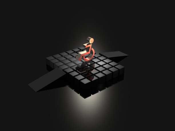 舞台上的轮椅很显眼。它代表了残疾人的问题。3 d渲染。图片下载