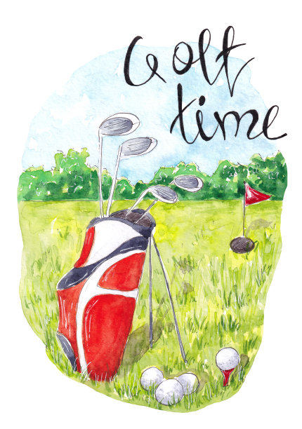 手绘水彩高尔夫球棒和球在一个袋子。刻字高尔夫的时间图片下载