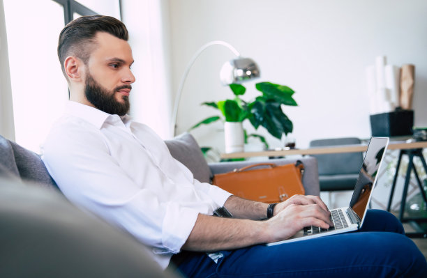 侧视图照片集中英俊的胡子时髦的商人，而他是在笔记本电脑和坐在沙发上工作图片下载