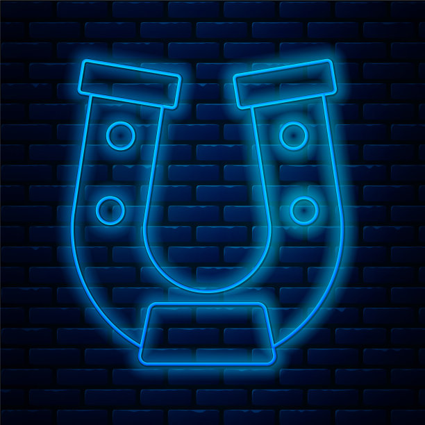 发光的霓虹灯线马蹄形图标孤立在砖块上图片下载