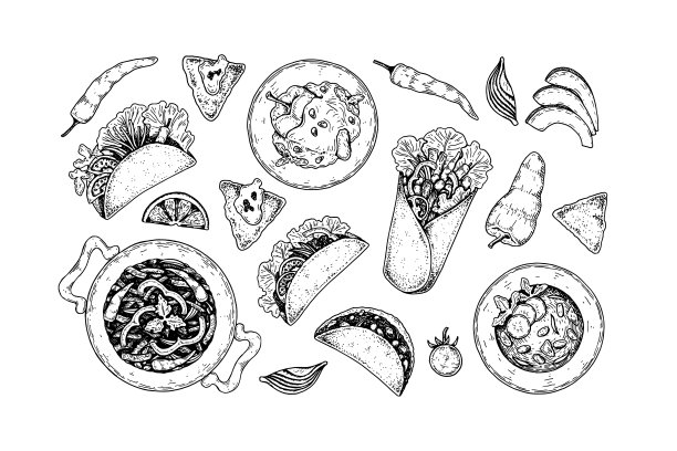 一套手绘墨西哥食品。矢量插图在素描风格图片下载