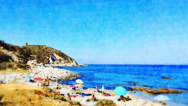 在撒丁岛的一个海滩上，游客们在夏天放松。数字水彩画图片下载