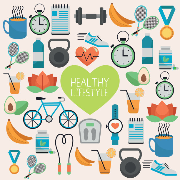 心脏与健康的生活方式设置图标模式图片下载