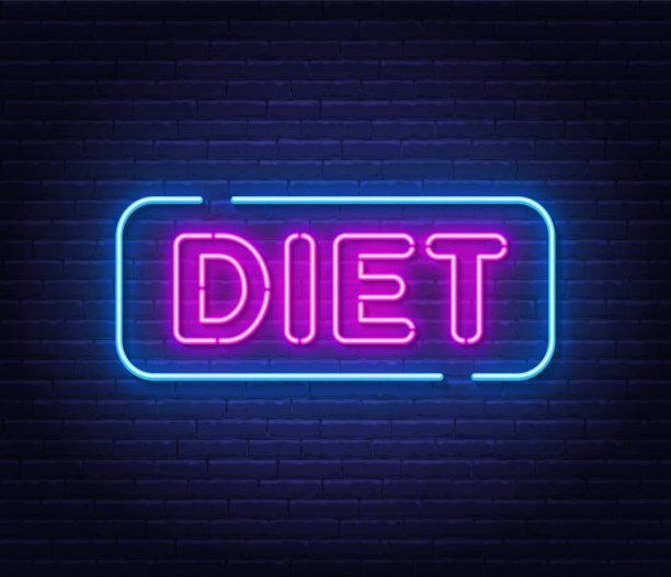 饮食霓虹灯招牌以砖墙为背景。图片下载