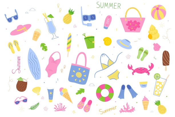 一套色彩元素的夏天，海洋和娱乐。玩具、服装及配件、饮料及冰淇淋、海洋生物及珊瑚。孤立的物体在一个白色的涂鸦风格。图片下载