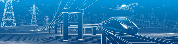 概述公路桥。汽车天桥。火车。飞机飞行。城市基础设施和交通说明。城市场景。矢量设计艺术。蓝色背景上的白线图片下载