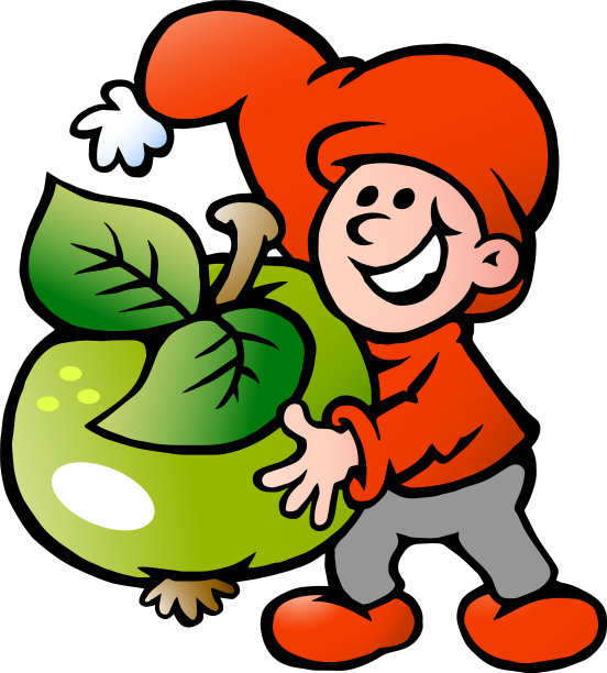 卡通一个快乐的圣诞小精灵拿着一个苹果图片下载