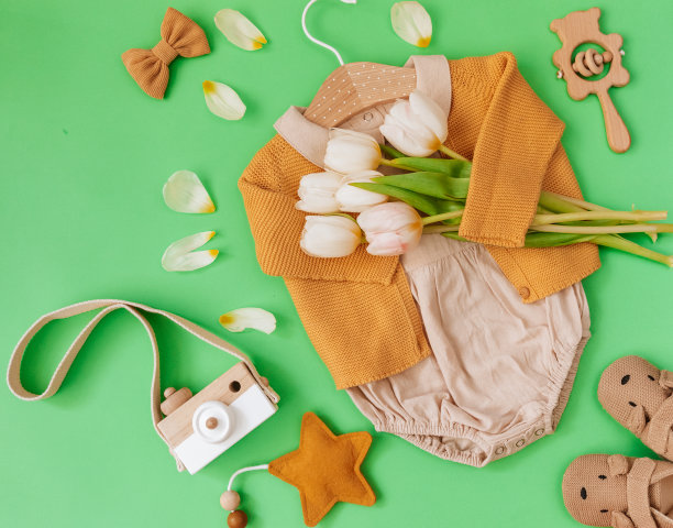 在绿色背景上的一套婴儿项目和配件。婴儿博客。淋浴的概念。时尚的新生儿。平铺，俯视图图片下载