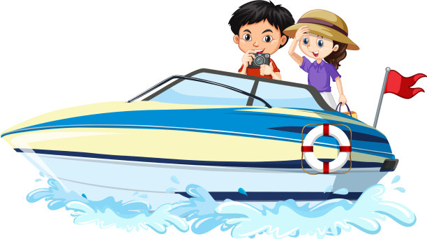 在白色背景上的快艇上的孩子们图片下载