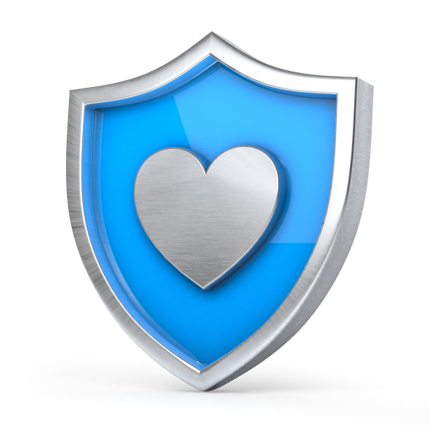 金属盾与银色的心图标在白色的背景。器官安全概念。3 d演示。图片下载