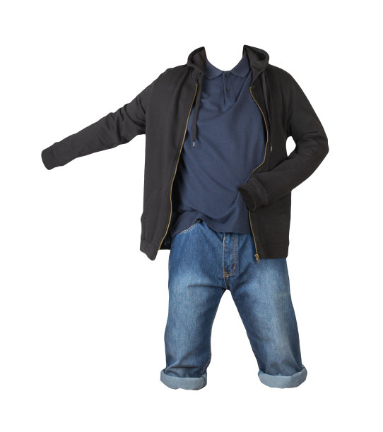 牛仔深蓝短裤，t恤领口纽扣和黑色运动衫拉链和兜帽孤立的白色背景图片下载