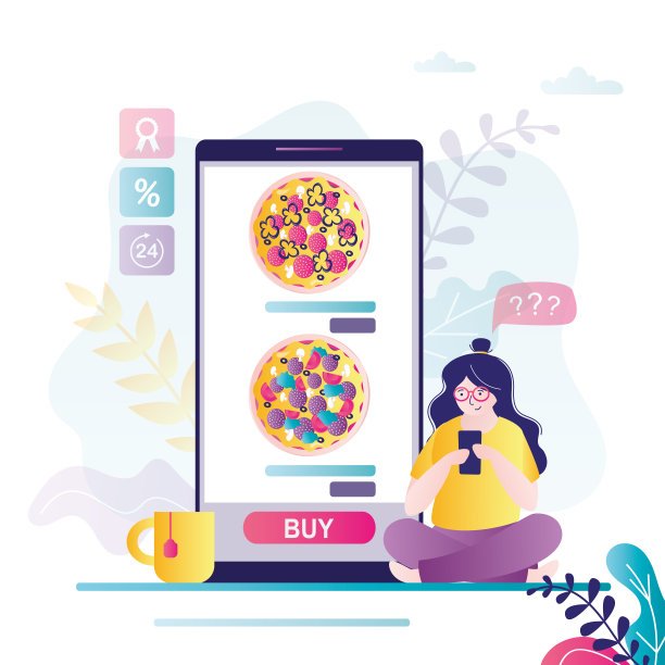 女性角色通过app点披萨。手机屏幕上各种各样的披萨图片下载