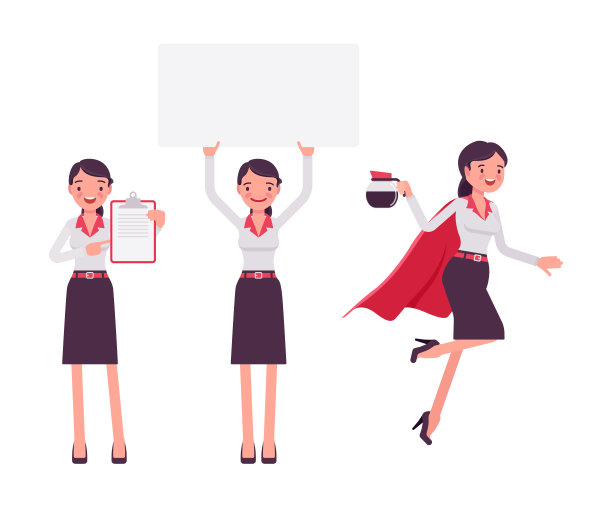 聪明的女商人，商务经理，咖啡壶马克杯，横幅，剪贴板图片下载