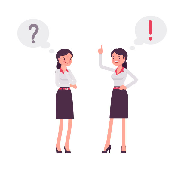 聪明的女商人、企业家、业务经理用惊叹号、问号泡图片下载