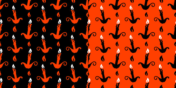 橙色和黑色背景上燃烧的蜡烛。万圣节无缝图案的t恤或包装图片下载