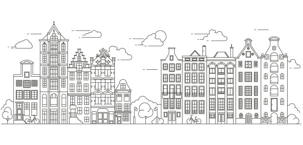 阿姆斯特丹的老式房屋。在荷兰，典型的荷兰运河房屋排列在运河附近。用于横幅或海报的建筑物及外墙。矢量插图轮廓。图片下载