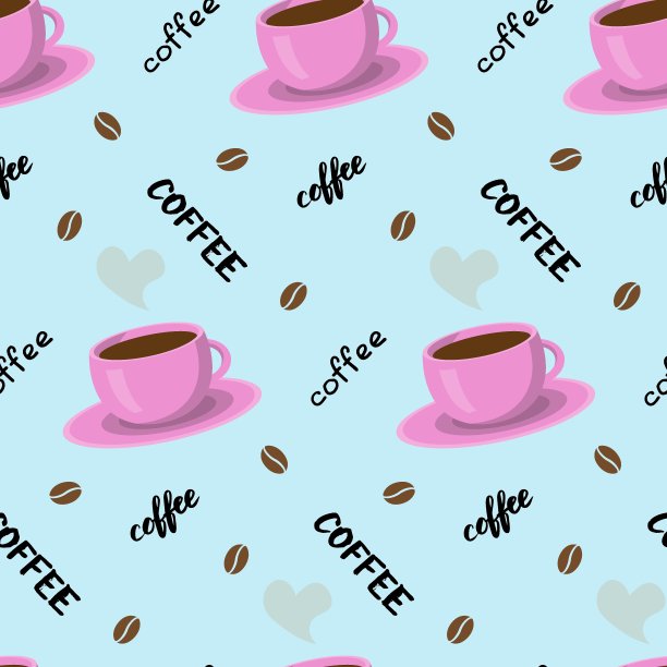 矢量无缝模式与咖啡杯，字母和豆类。美丽的印花在柔和的色调。背景纺织品，服装，咖啡店，咖啡馆和装饰。可爱的插图图片下载