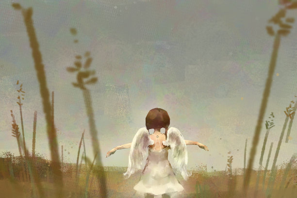 金色田野中的天使少女数字艺术油画，画布肌理上粗糙的笔触。图片下载