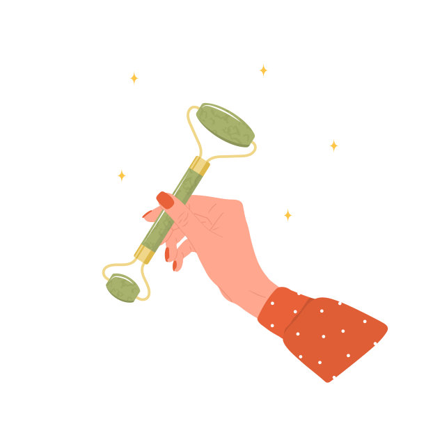 玉面部辊。女性手持天然绿色软玉进行刮痧按摩。时尚美容。SPA护肤设备。矢量插图在平面卡通风格图片下载