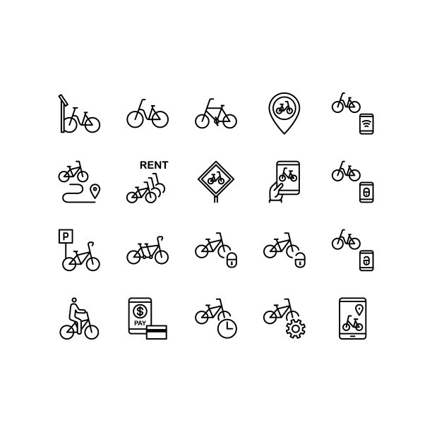 自行车共享平面线图标集。城市交通，自行车租赁，自行车停车，自行车租赁app，挂锁。简单的平面矢量插图，用于商店，网站或移动应用程序。可编辑的描边图片下载