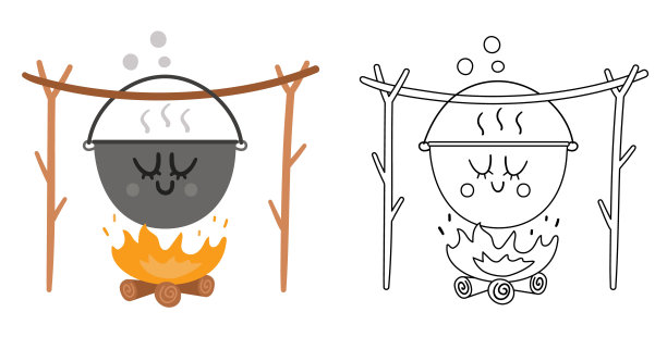 矢量卡哇伊锅炉悬挂在树枝上，上面有彩色的火焰和黑白插图。篝火锅孤立在白色背景。可爱的彩色页面图片下载