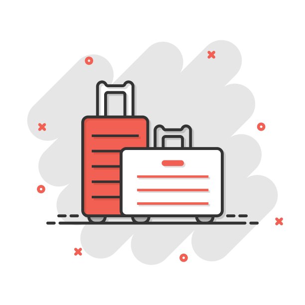 漫画风格的旅行袋图标。行李卡通矢量插图在白色孤立的背景。行李飞溅效应经营理念。图片下载