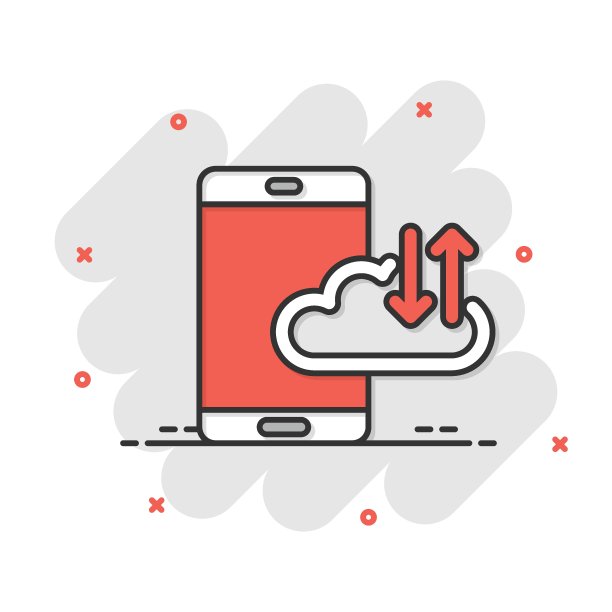 漫画风格的智能手机云图标。电话网络存储卡通矢量插图在白色孤立的背景。在线备份飞溅效应的经营理念。图片下载