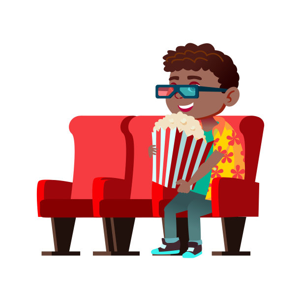 非洲男孩戴着3d眼镜，吃着爆米花，看着电影卡通向量图片下载